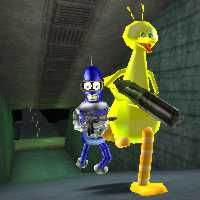 Bender and Big Bird race into the 
   front entrance of the green pyramid