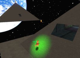 A red bot is fleeing with the green flag into the labyrinth.