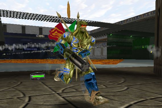 A blue bot carries the red and green flags into the gold base