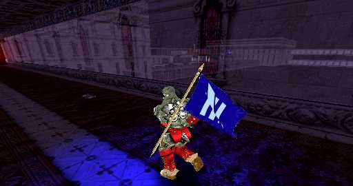 [a flag carrier flees along a side corridor;
 front passages can be seen through the window]